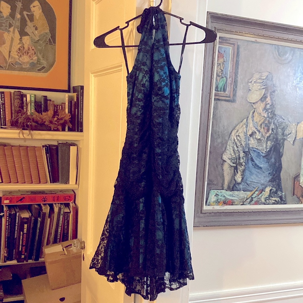 La Seala Halter Dress, Blue with Black Lace!!
